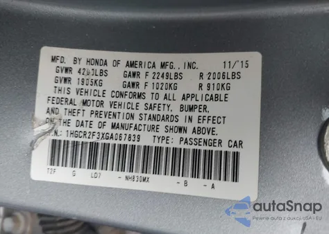 2016 Honda Accord Lx z USA, uszkodzony, nr VIN 1HGCR2F3XGA067839